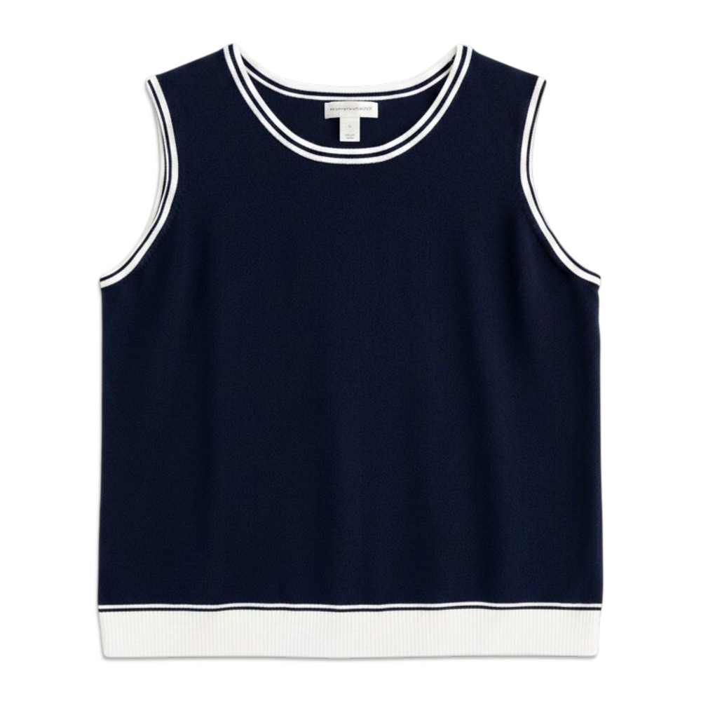 Christopher & Banks Sweater Vest Womens XL Navy Blue Striped Trim Preppy Knit